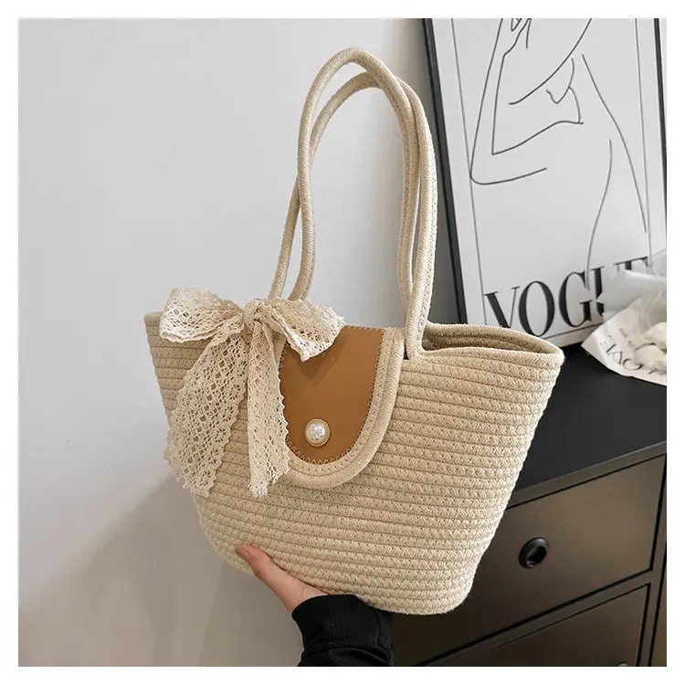 Japanese Style Straw Bucket Bag with Lace Bow — feature 27