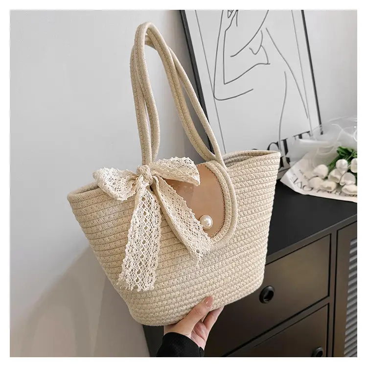 Japanese Style Straw Bucket Bag with Lace Bow — feature 28