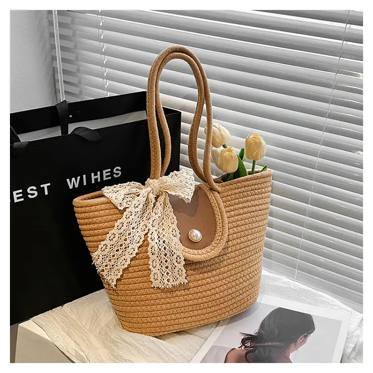Japanese Style Straw Bucket Bag with Lace Bow — feature 29