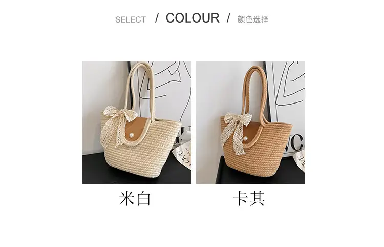 Japanese Style Straw Bucket Bag with Lace Bow — feature 3