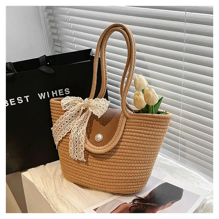 Japanese Style Straw Bucket Bag with Lace Bow — feature 30