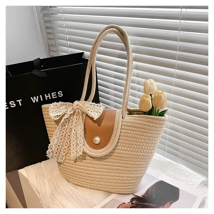 Japanese Style Straw Bucket Bag with Lace Bow — feature 31