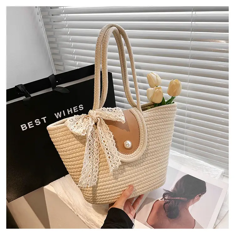 Japanese Style Straw Bucket Bag with Lace Bow — feature 32