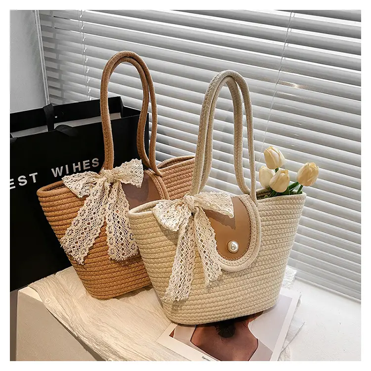 Japanese Style Straw Bucket Bag with Lace Bow — feature 33