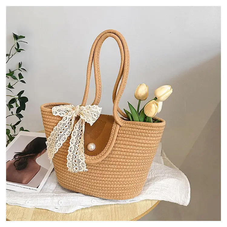 Japanese Style Straw Bucket Bag with Lace Bow — feature 34