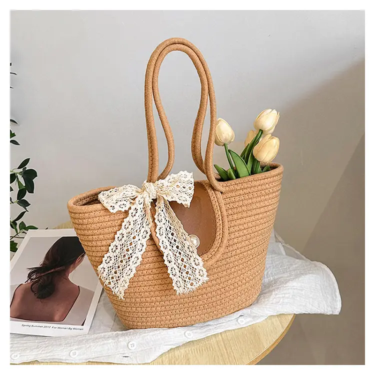 Japanese Style Straw Bucket Bag with Lace Bow — feature 35