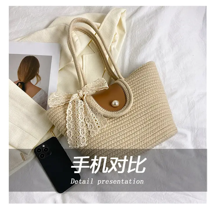 Japanese Style Straw Bucket Bag with Lace Bow — feature 5