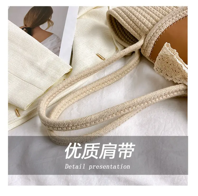 Japanese Style Straw Bucket Bag with Lace Bow — feature 7