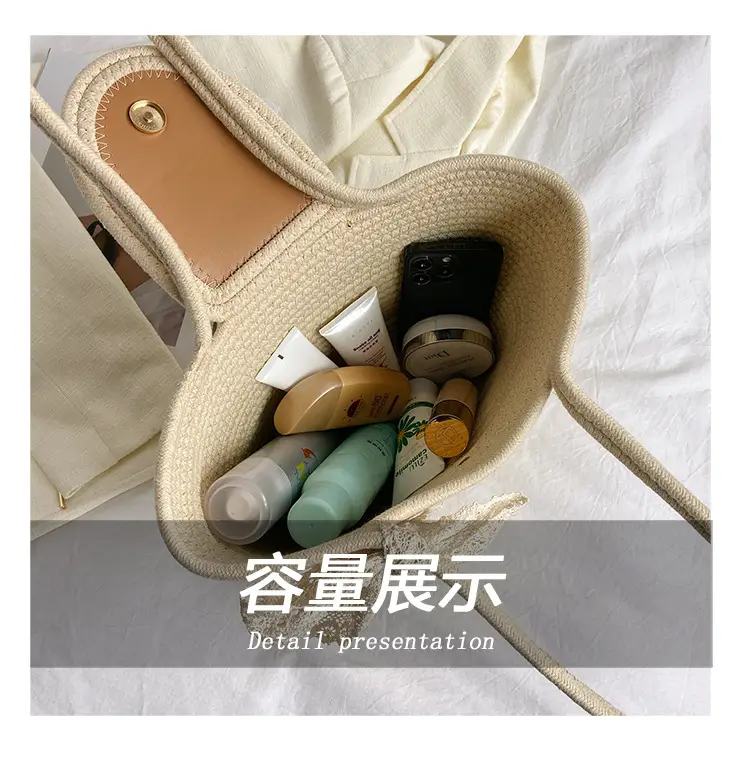 Japanese Style Straw Bucket Bag with Lace Bow — feature 8
