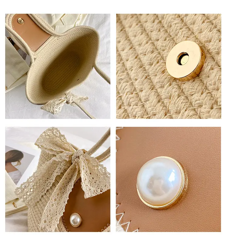 Japanese Style Straw Bucket Bag with Lace Bow — feature 9