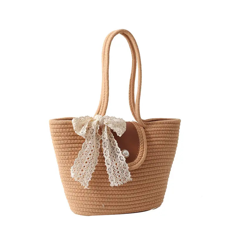 Japanese Style Straw Bucket Bag with Lace Bow - Image 2