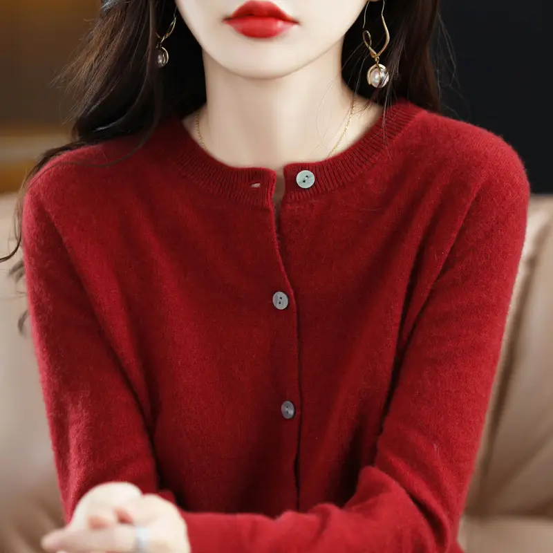 Women's 2023 Knitted Cardigan Red Long Sleeve - Image 14