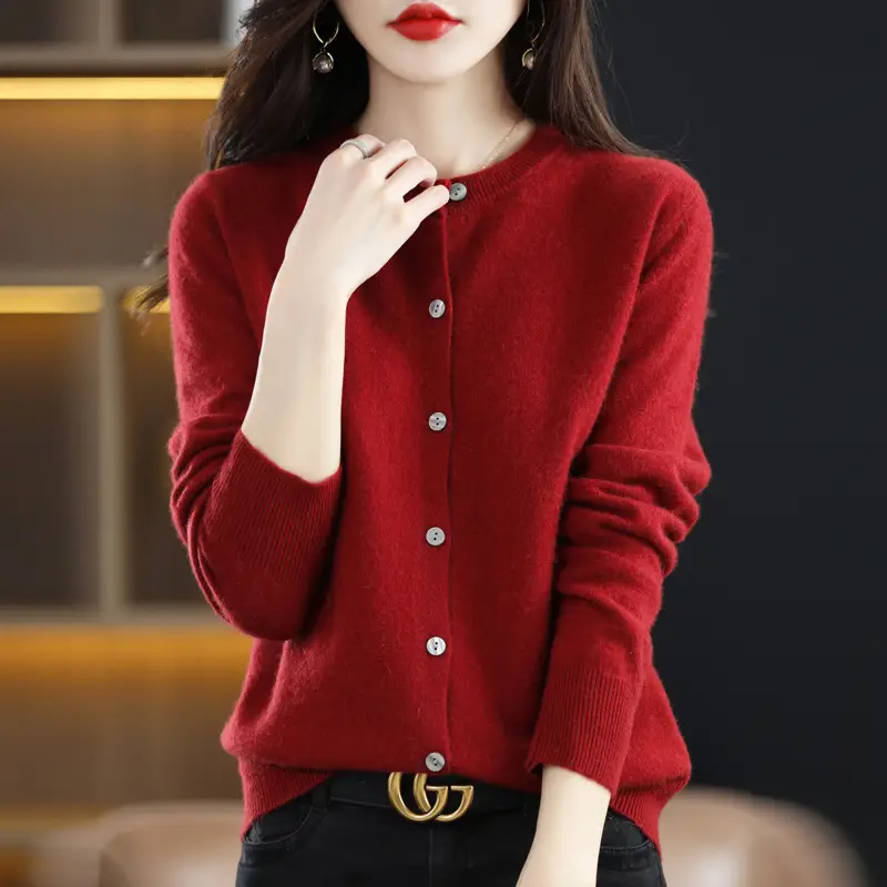Women's 2023 Knitted Cardigan Red Long Sleeve - Image 6