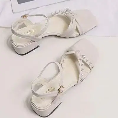 Women's fairy style sandals 2024 new summer versatile fashion all-white low heel square heel flat heel open toe - Image 6