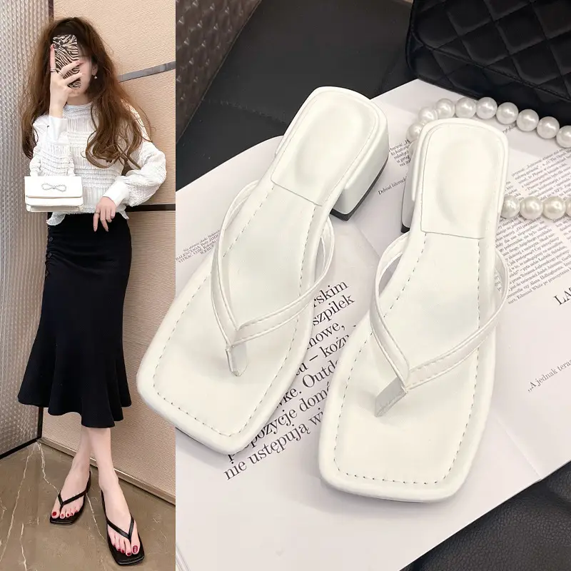 Flip-Toe Sandals for Women 2023 Summer New Fashion Outer Wear Square Toe Thick Heel Non-Slip Beach Flip-Flops for Women Trendy