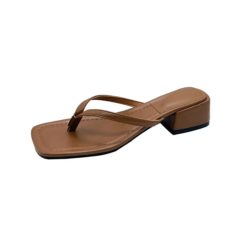 Flip-Toe Sandals for Women 2023 Summer New Fashion Outer Wear Square Toe Thick Heel Non-Slip Beach Flip-Flops for Women Trendy
