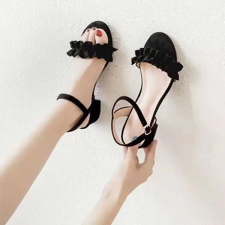 Women's Black Ruffled Mid-heel Sandals Summer 2024 - Image 4