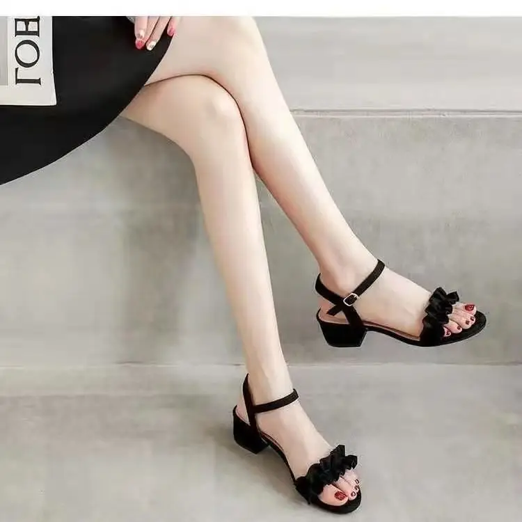 Women's Black Ruffled Mid-heel Sandals Summer 2024 - Image 5