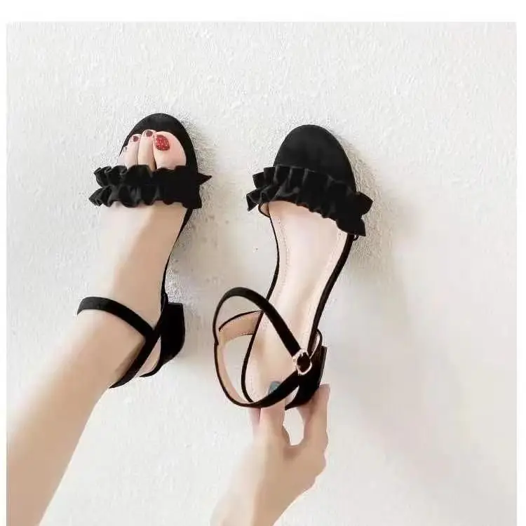 Women's Black Ruffled Mid-heel Sandals Summer 2024 — feature 12