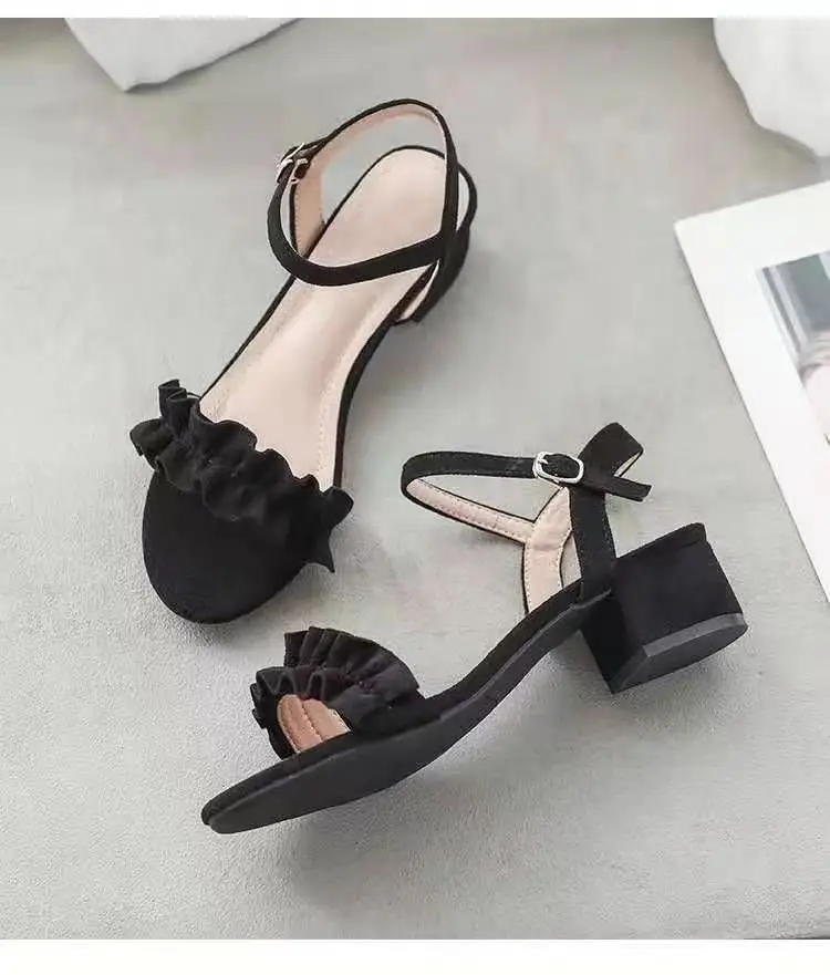 Women's Black Ruffled Mid-heel Sandals Summer 2024 — feature 6