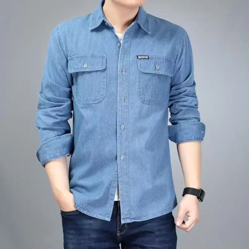 Men Long Sleeve Denim Shirt Sun Protection Cotton Blue - Image 4