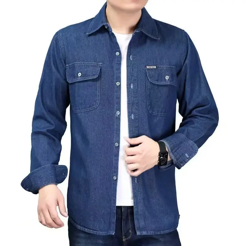 Men Long Sleeve Denim Shirt Sun Protection Cotton Blue - Image 5
