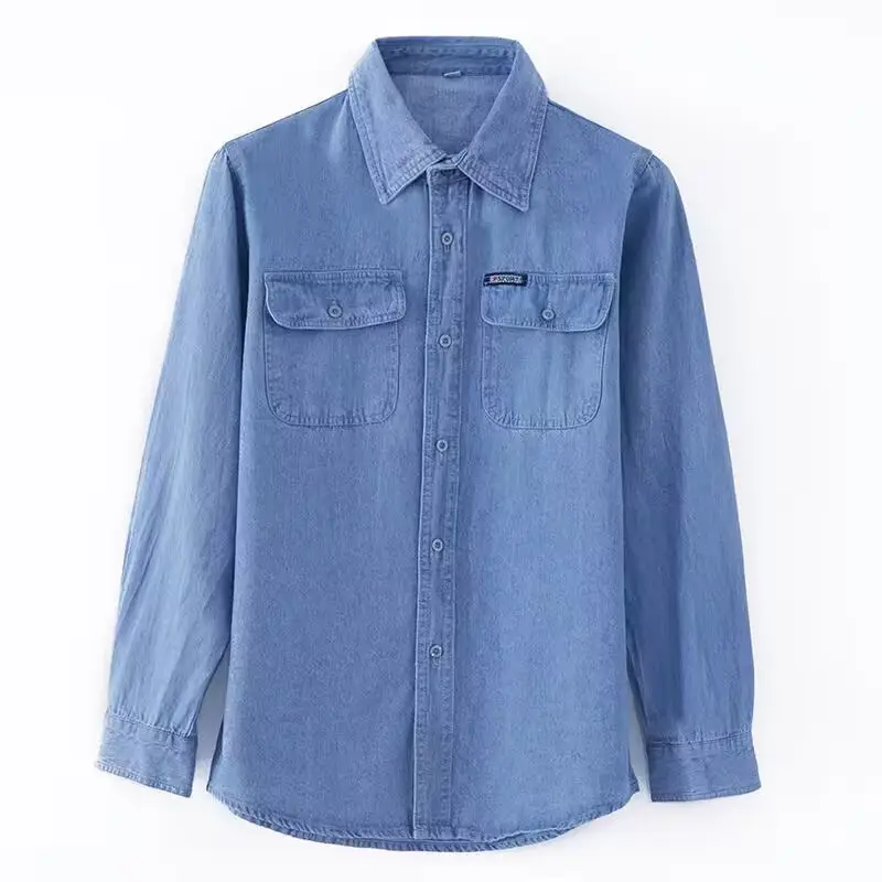 Men Long Sleeve Denim Shirt Sun Protection Cotton Blue - Image 7