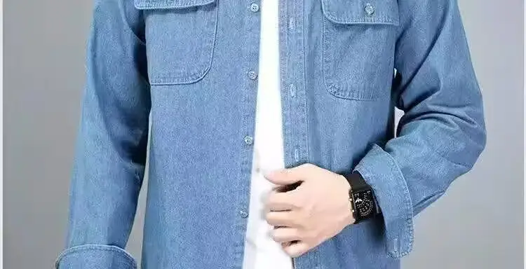 Men Long Sleeve Denim Shirt Sun Protection Cotton Blue — feature 12