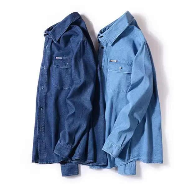 Men Long Sleeve Denim Shirt Sun Protection Cotton Blue — feature 13