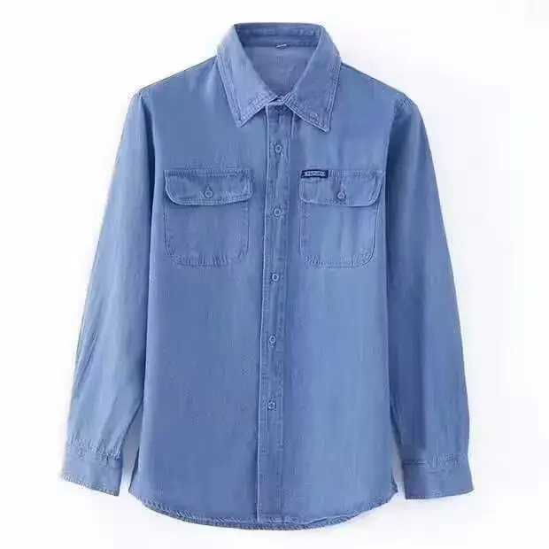 Men Long Sleeve Denim Shirt Sun Protection Cotton Blue — feature 14