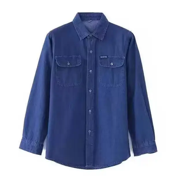 Men Long Sleeve Denim Shirt Sun Protection Cotton Blue — feature 15