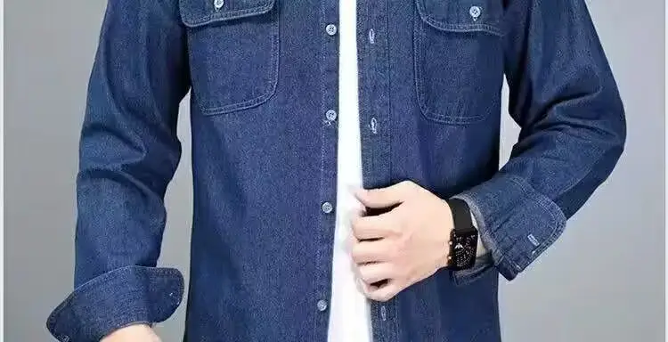 Men Long Sleeve Denim Shirt Sun Protection Cotton Blue — feature 6