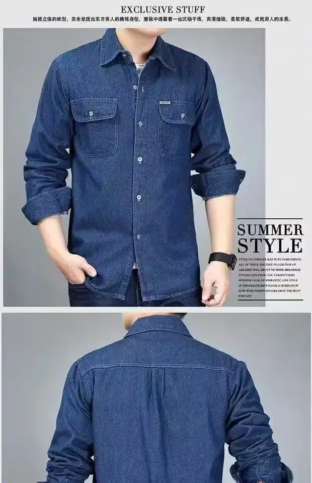 Men Long Sleeve Denim Shirt Sun Protection Cotton Blue — feature 7