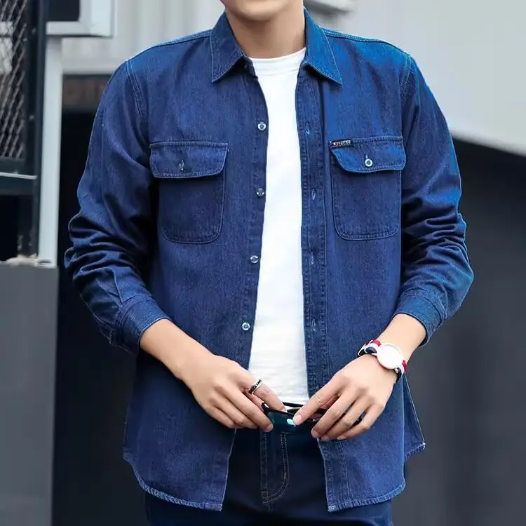 Men Long Sleeve Denim Shirt Sun Protection Cotton Blue - Image 2