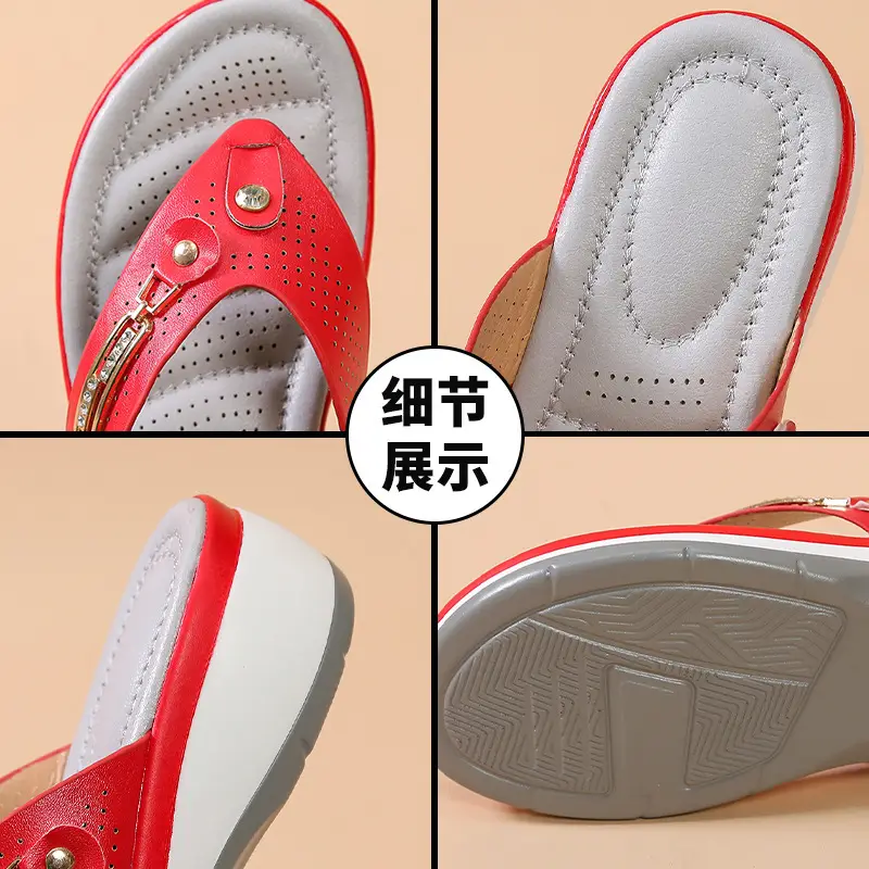 Flip-Flops for Women Summer New Style Rhinestone Metal Buckle Lightweight Casual Hollow Wedge Heel Large Size Flip-Flops Wholesale - Image 6