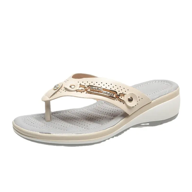 Flip-Flops for Women Summer New Style Rhinestone Metal Buckle Lightweight Casual Hollow Wedge Heel Large Size Flip-Flops Wholesale - Image 9