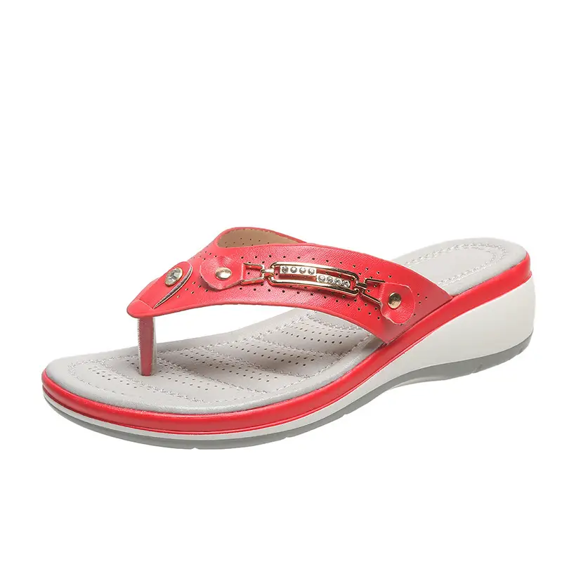 Flip-Flops for Women Summer New Style Rhinestone Metal Buckle Lightweight Casual Hollow Wedge Heel Large Size Flip-Flops Wholesale - Image 2