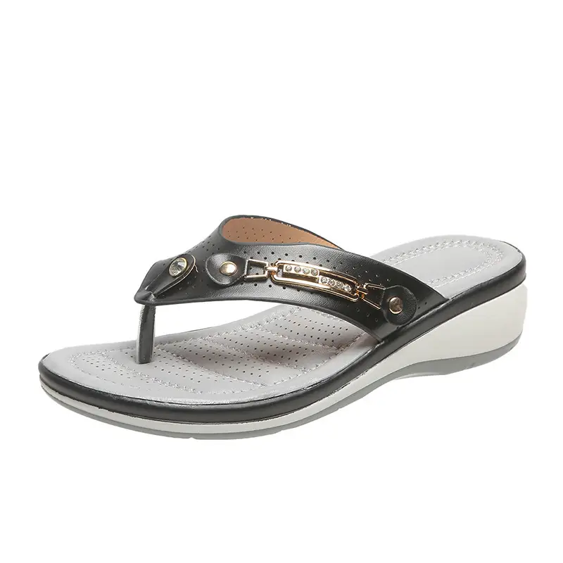 Flip-Flops for Women Summer New Style Rhinestone Metal Buckle Lightweight Casual Hollow Wedge Heel Large Size Flip-Flops Wholesale - Image 3