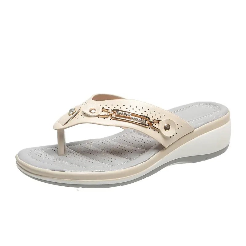 Flip-Flops for Women Summer New Style Rhinestone Metal Buckle Lightweight Casual Hollow Wedge Heel Large Size Flip-Flops Wholesale - Image 4