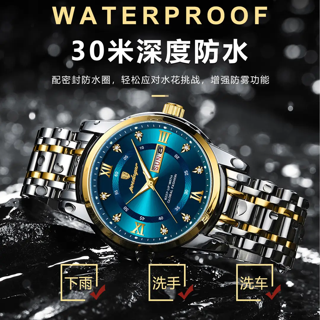 brand waterproof new men's watch double calendar luminous quartz watch live broadcast