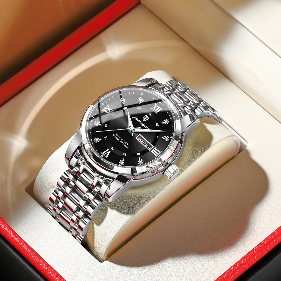 936 (pure English) silver shell black surface steel belt
