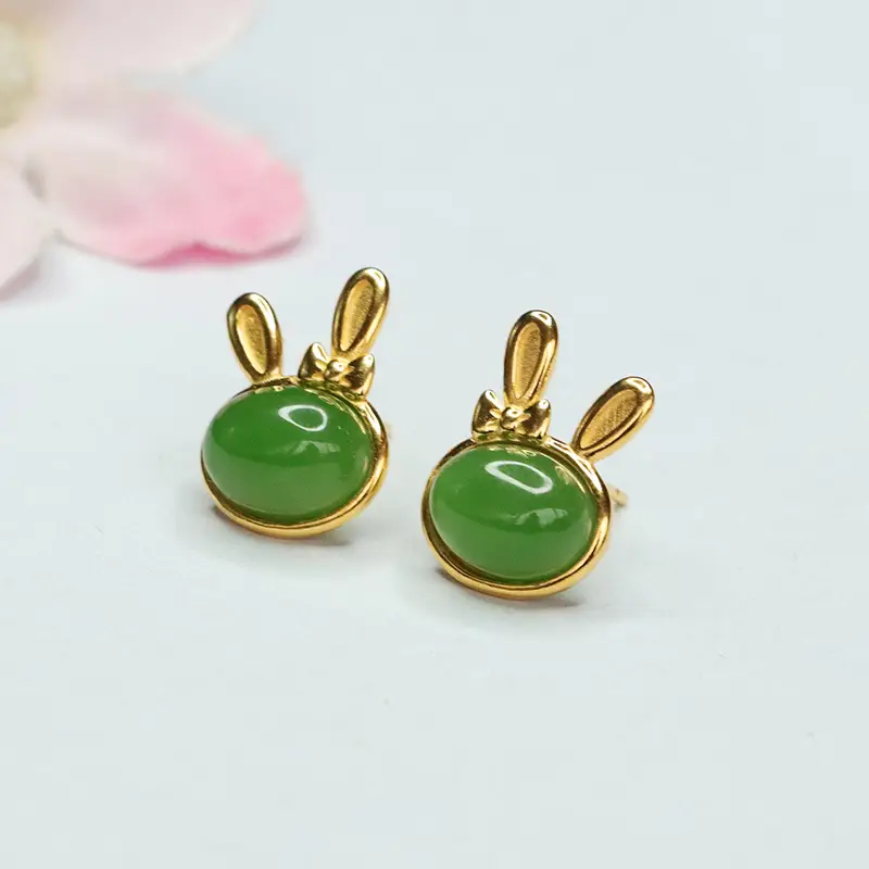 Jade Rabbit Earrings Gold Plated Green Green Jade