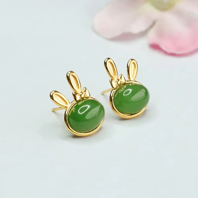 Jade Rabbit Earrings Gold Plated Green Green Jade