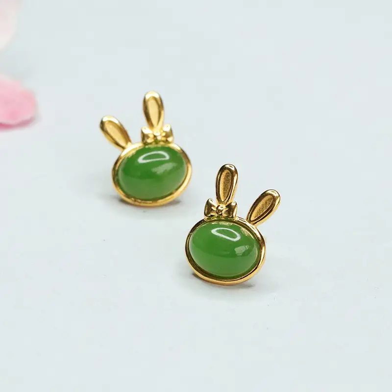 Jade Rabbit Earrings Gold Plated Green Green Jade
