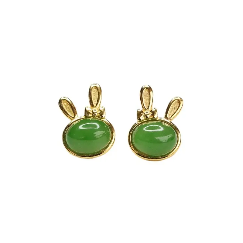 Jade Rabbit Earrings Gold Plated Green Green Jade
