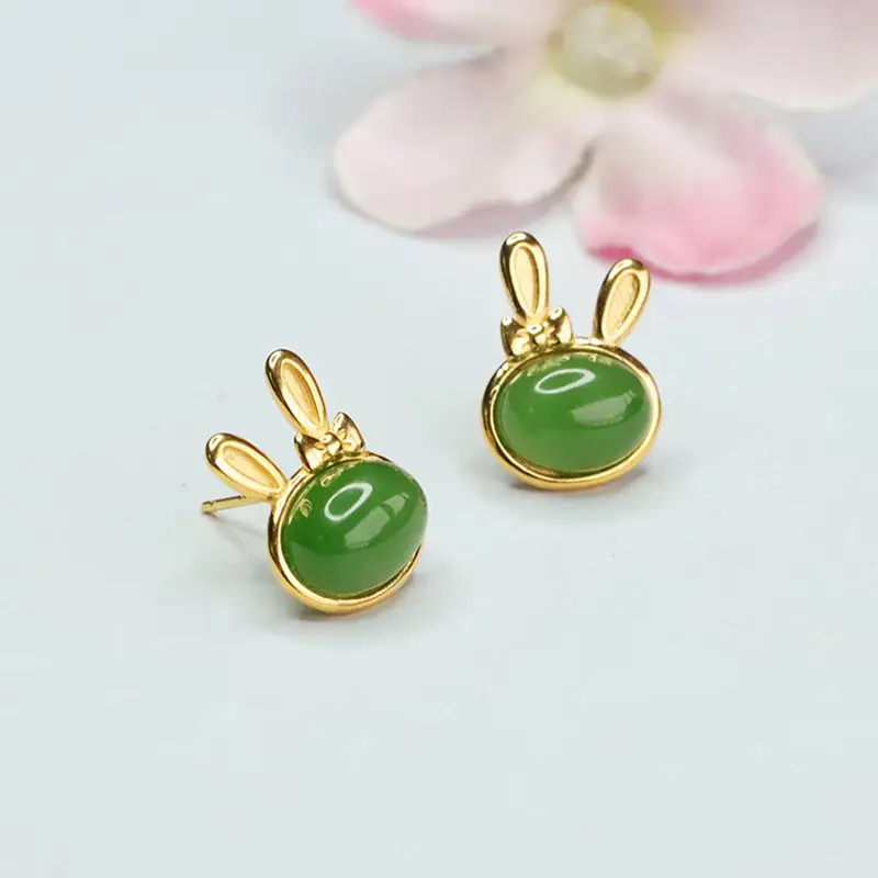 Jade Rabbit Earrings Gold Plated Green Green Jade — feature 7