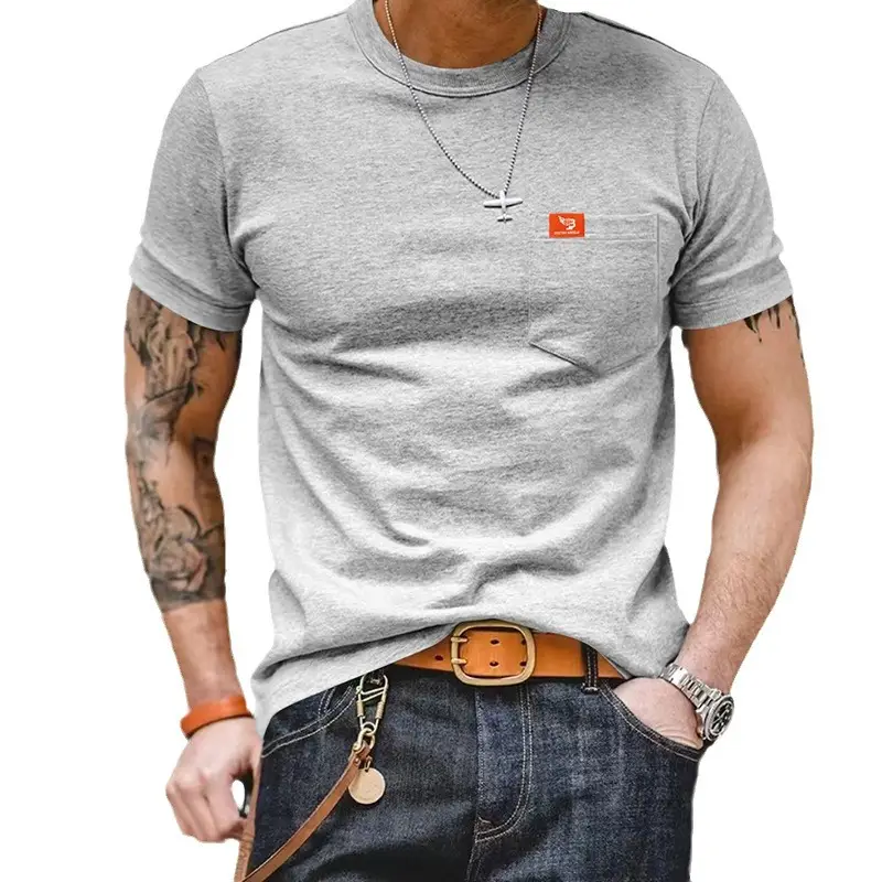 Men Gray T-Shirt with Black Flag Patch Short Sleeve - Image 9