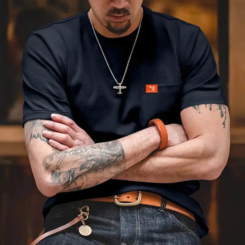 Men Gray T-Shirt with Black Flag Patch Short Sleeve — feature 14