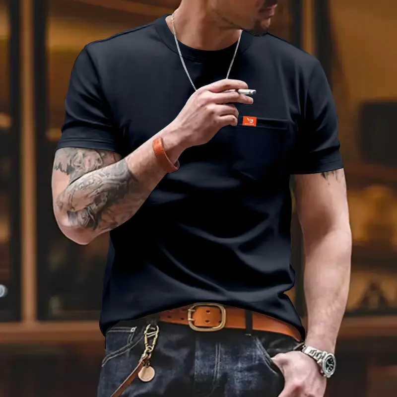 Men Gray T-Shirt with Black Flag Patch Short Sleeve — feature 15