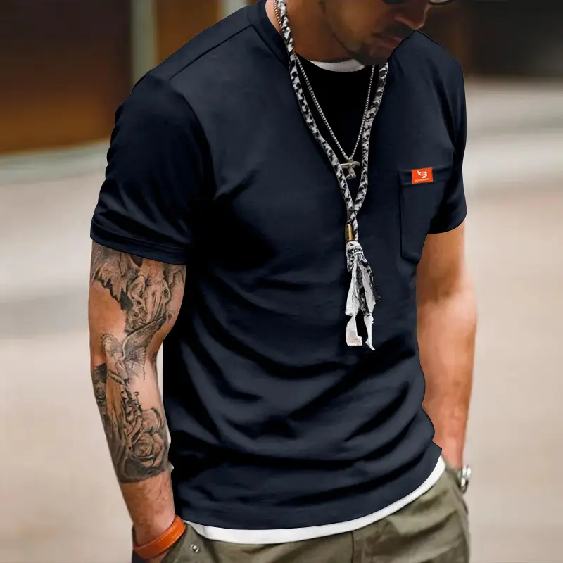 Men Gray T-Shirt with Black Flag Patch Short Sleeve — feature 16